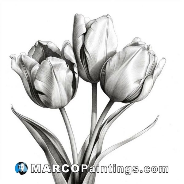 3 tulips with leaves in the black and white drawing