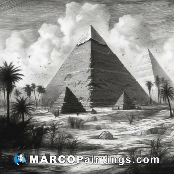 4 egyptian pyramids in digital painting b w