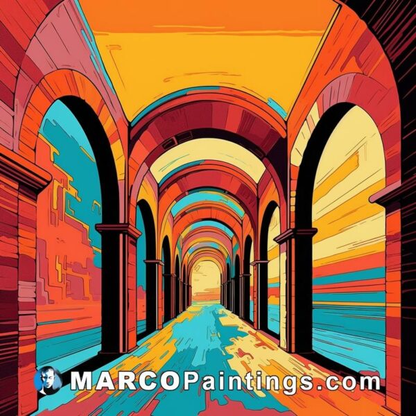 A abstract illustration depicting a walkway through a colourful archway