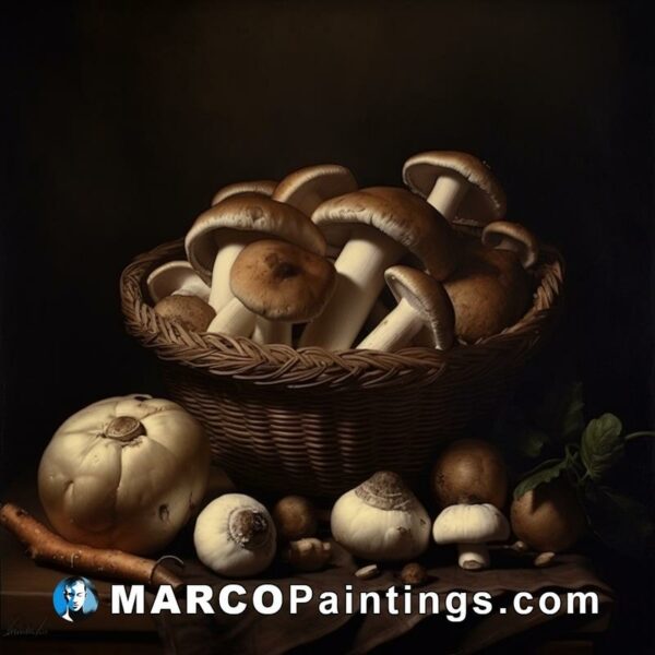 A basket of mushrooms next to other food