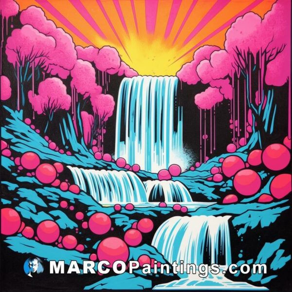 A beautiful abstract painting featuring a waterfall in a forest with pink balls