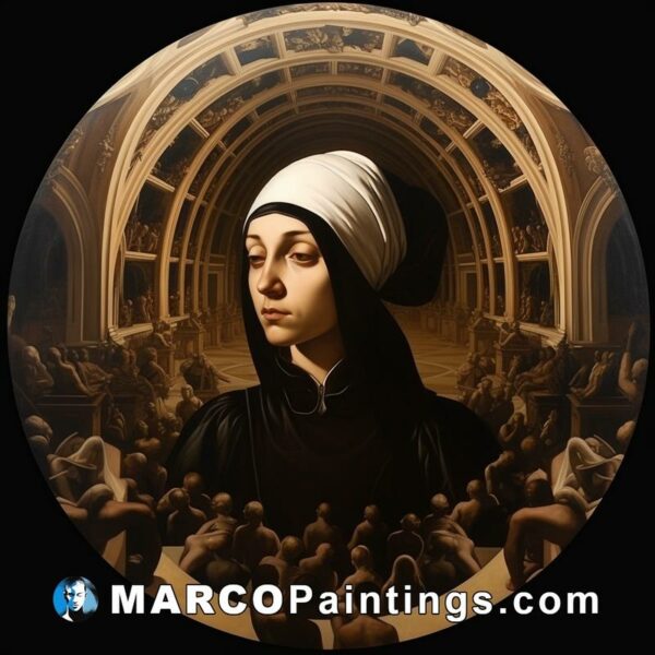A beautiful painting of a nun with a lot of people around her