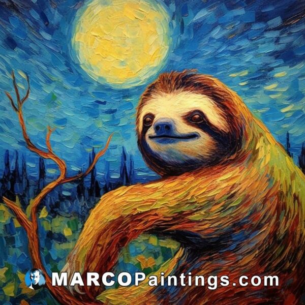 A beautiful painting of sloth on a tree near the moon