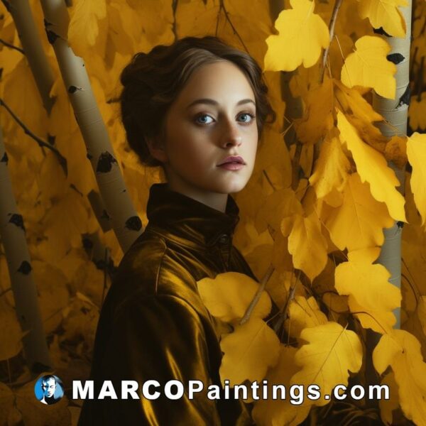 A beautiful young girl in a black jacket surrounded by yellow leaves