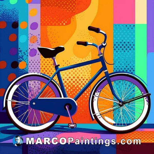 A bicycle painted in abstract style atop colorful backgrounds