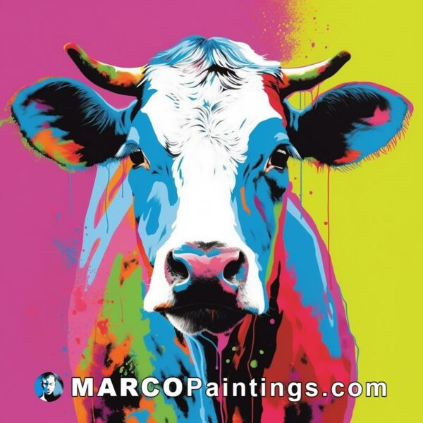 A big cow sits in front of colorful paint