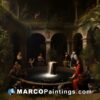 A big painting of people sitting around a fountain