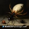 A black and brown painting is seen and some insects are on it