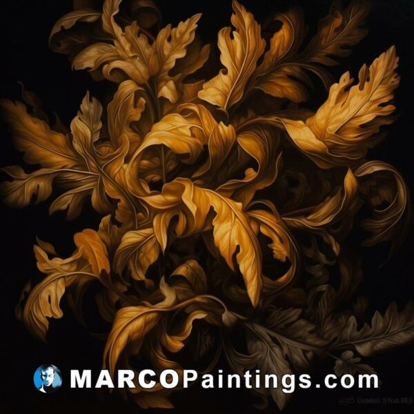 A black and gold painting with leaves