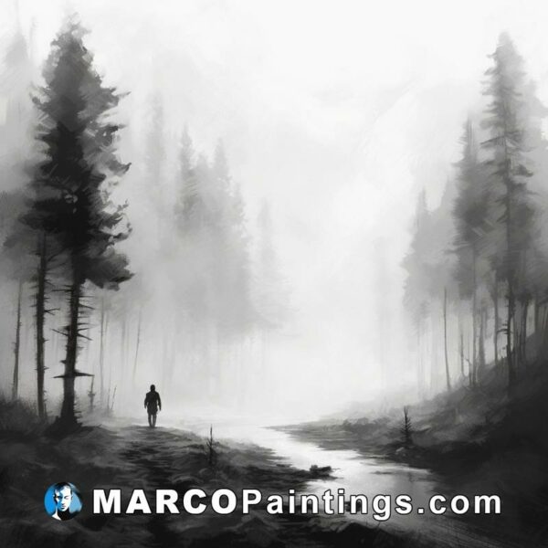 A black and white abstract painting of something walking in a foggy wood