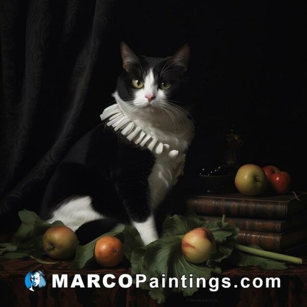 A black and white cat sitting with a collar on a table of apples and books