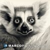 A black and white drawing has an adorable lemur