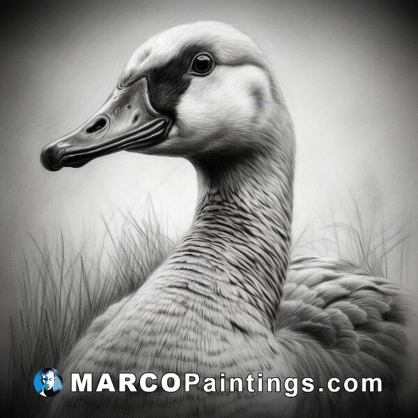 A black and white drawing in black and white of a goose