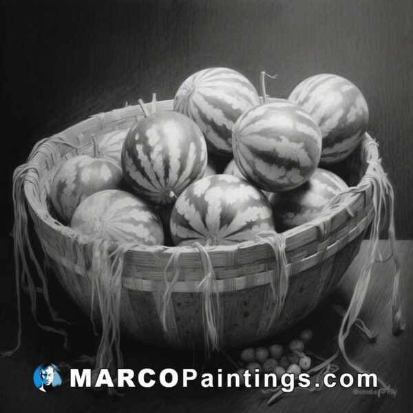 A black and white drawing is shown of a basket of watermelons