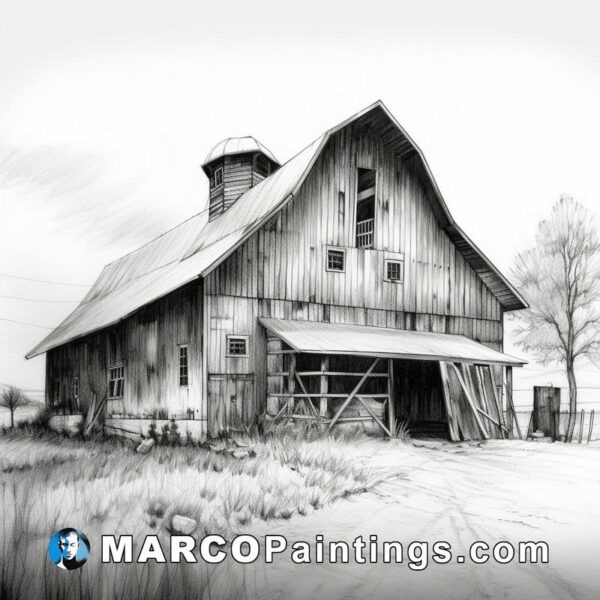 A black and white drawing of a barn