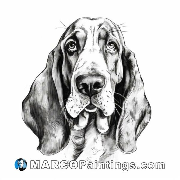 A black and white drawing of a basset hound