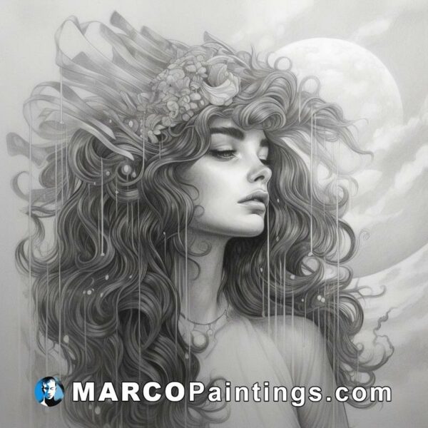A black and white drawing of a beautiful woman with long curly hair