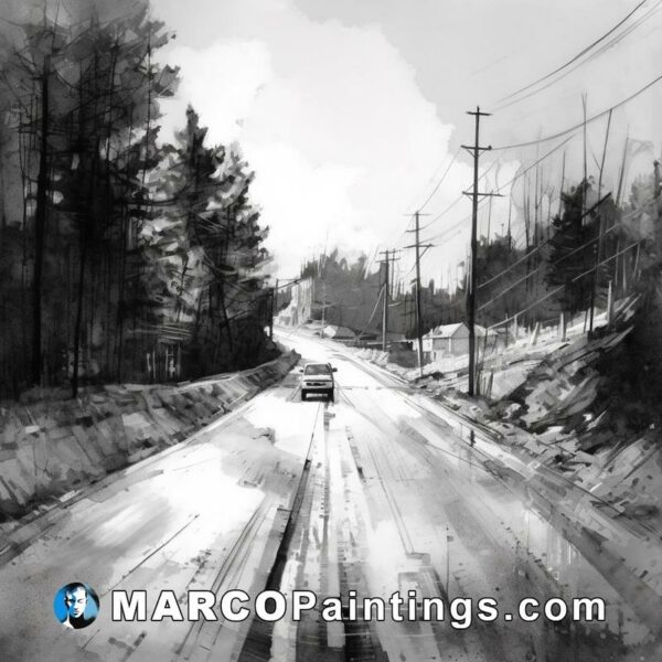 A black and white drawing of a black car on a snowy road