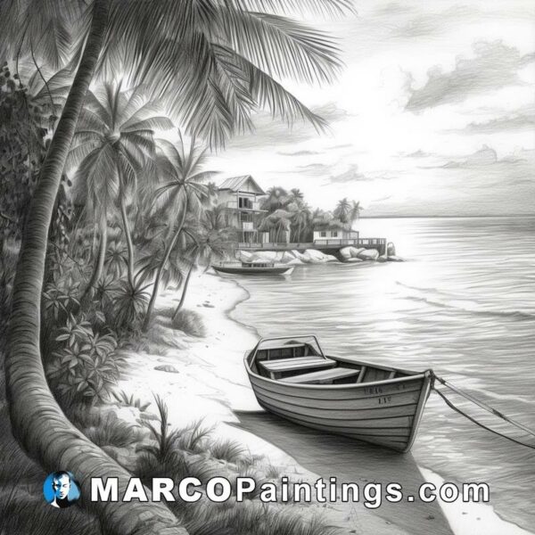 A black and white drawing of a boat on the beach