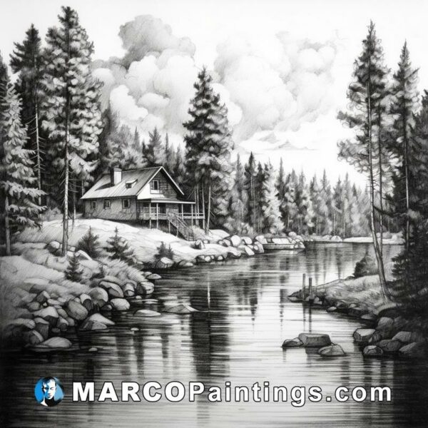 A black and white drawing of a cabin along the river