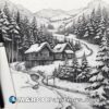 A black and white drawing of a cabin in the mountains