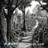 A black and white drawing of a cemetery