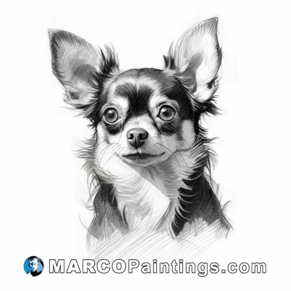 A black and white drawing of a chihuahua