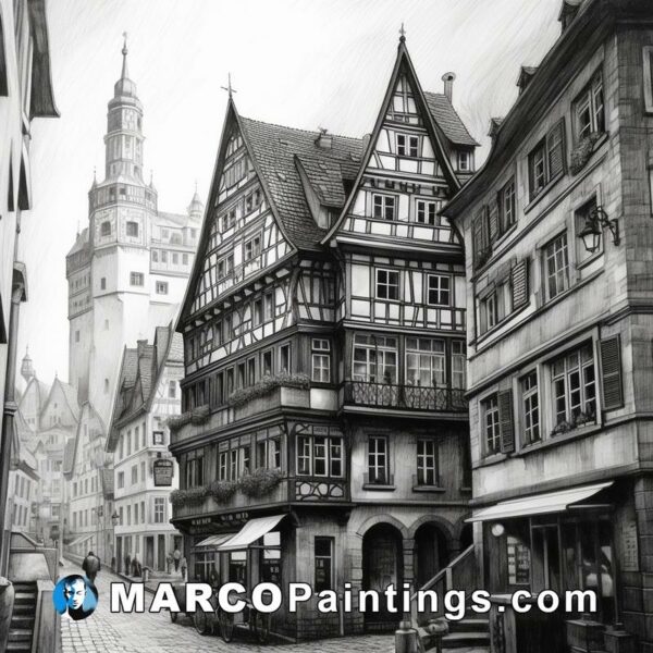A black and white drawing of a city in germany