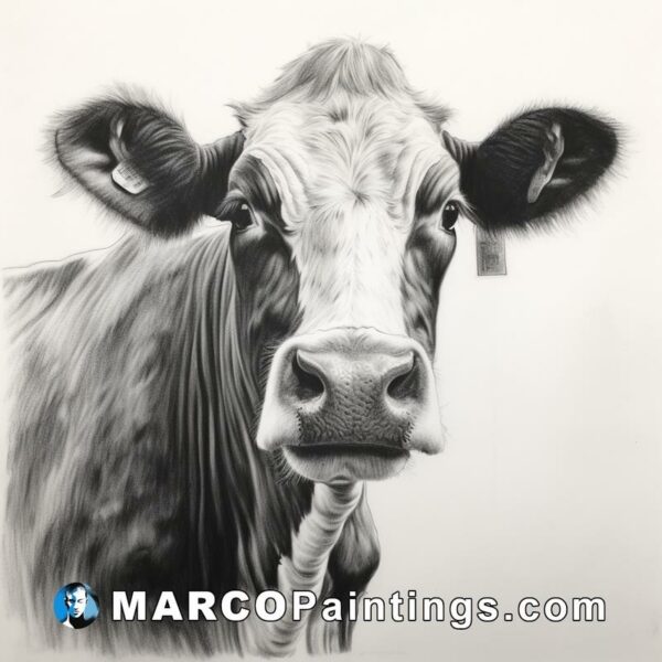 A black and white drawing of a cow that looks directly at the viewer