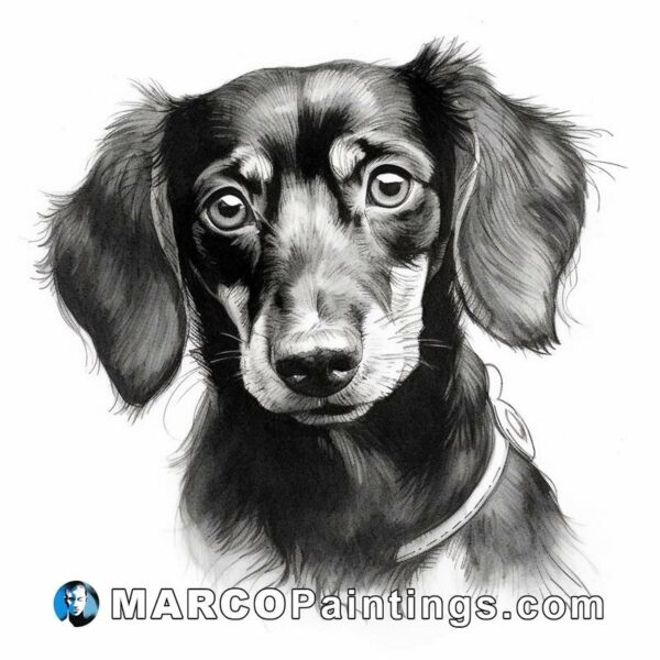 A black and white drawing of a dachshund