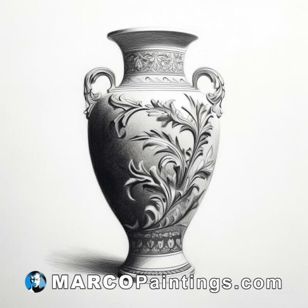 A black and white drawing of a decorative vase