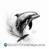 A black and white drawing of a dolphin splashing water