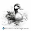 A black and white drawing of a duck on the water