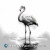 A black and white drawing of a flamingo in water