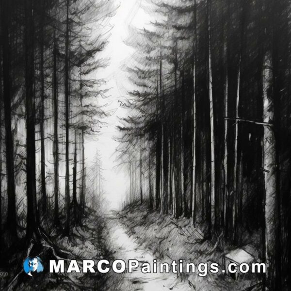 A black and white drawing of a forest path