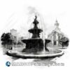 A black and white drawing of a fountain in the city