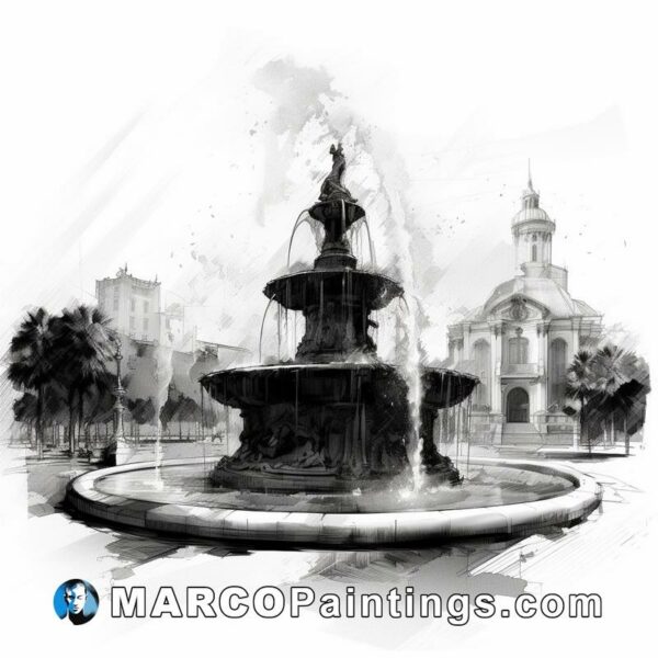 A black and white drawing of a fountain in the city