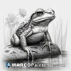 A black and white drawing of a frog sitting on a rock