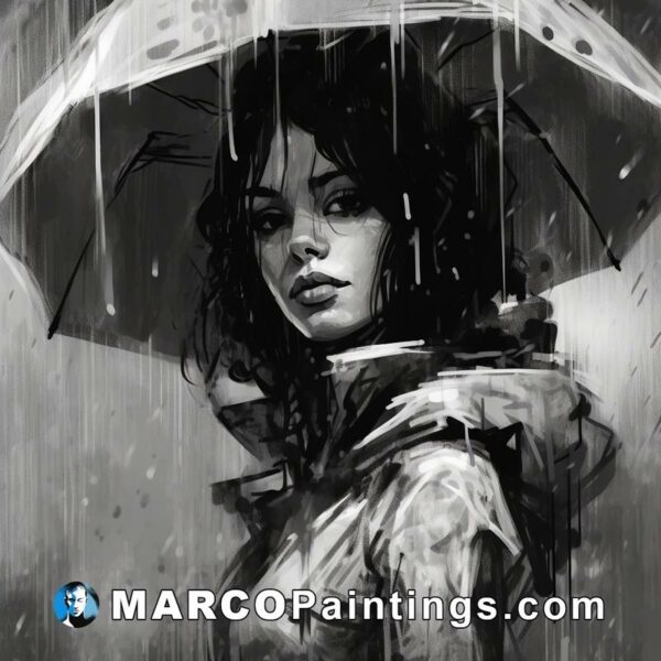 A black and white drawing of a girl holding an umbrella in the rain