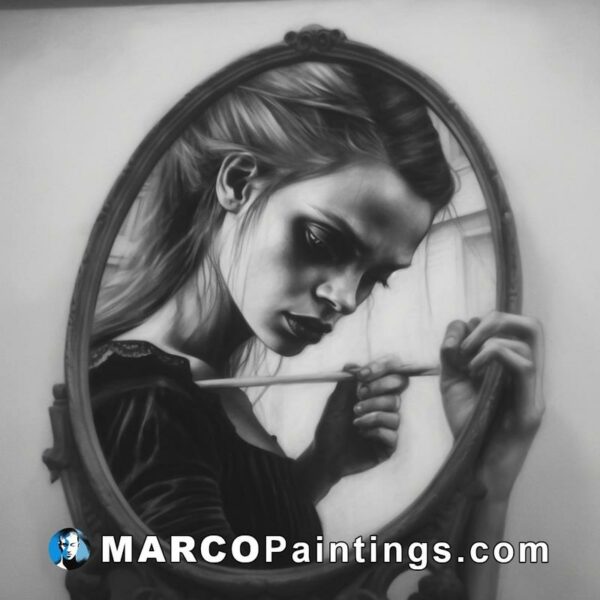 A black and white drawing of a girl looking in a mirror