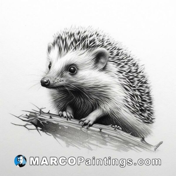 A black and white drawing of a hedgehog