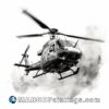 A black and white drawing of a helicopter flying