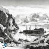 A black and white drawing of a huge cold lake and the boats surrounding it