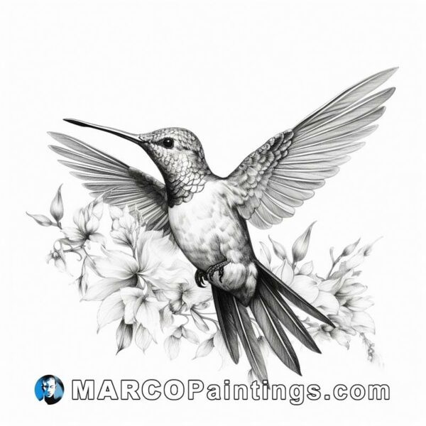 A black and white drawing of a hummingbird