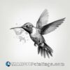 A black and white drawing of a hummingbird flying