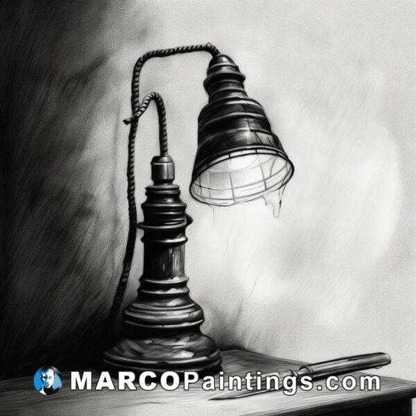 A black and white drawing of a lamp and a pen