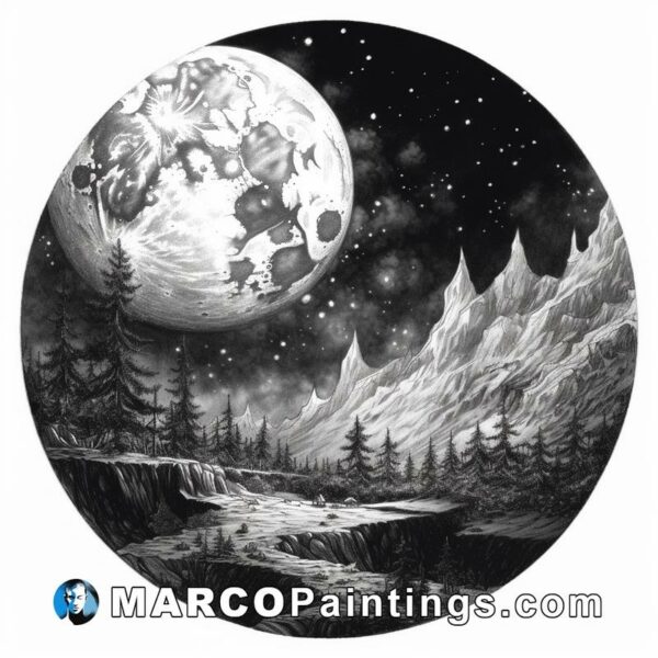 A black and white drawing of a landscape with trees and moon