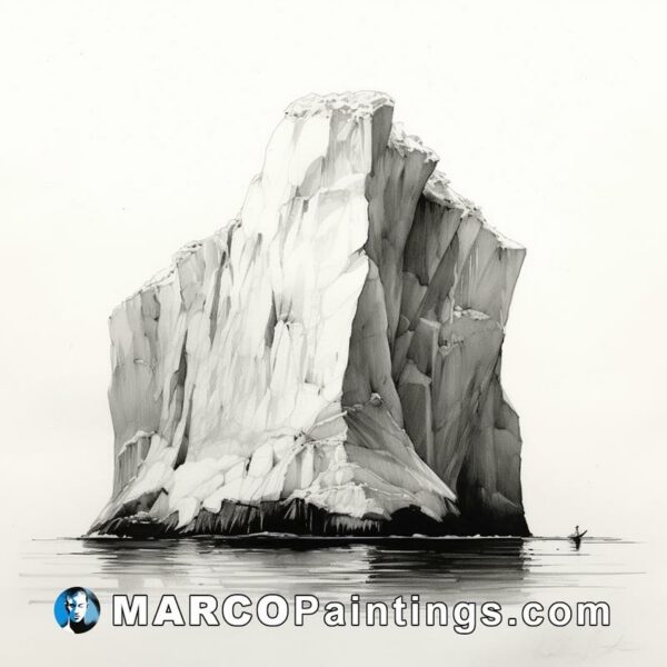 A black and white drawing of a large iceberg
