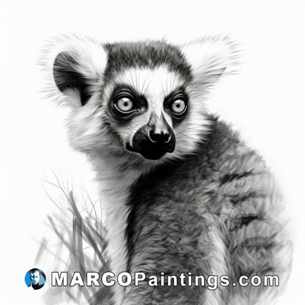 A black and white drawing of a lemur