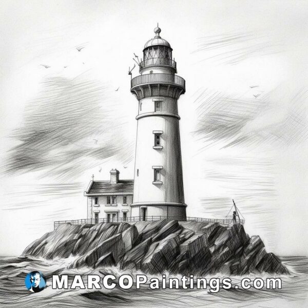 A black and white drawing of a lighthouse